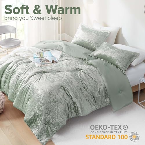 Comfort Spaces Luxe Queen Comforter Set Velvet Comforters for Queen Size Bed, Microfiber Reverse, Juliette, All Season Velvet Bedding Queen Size, Fluffy Bed Set, Sham, Full/Queen, Sage Green 3 Piece Comfort Spaces