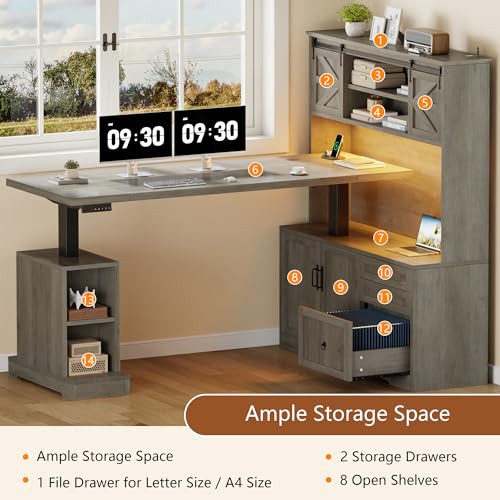 Homiflex 70.86" Farmhouse L Shaped Standing Desk with Hutch Electric Height Adjustable Desk with Storage Corner Computer Desk with File Drawer Power Outlets LED Gaming Desk with Sliding Door, Grey Homiflex