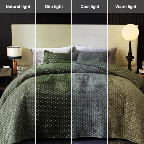 Velvet Quilt King Size, Oversized Bedspread Quilted Bedding Set, Luxurious Soft Coverlet Set Lightweight Velvet Comforter for All Season with 2 Pillow Shams, 96x106" Army Green Striped Quilt Set Powdion