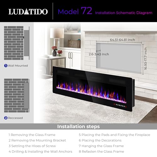 Ludatido 72 Inch Electric Fireplace Wall Mounted/Recessed, Electric Fireplace Insert with 5100BTU fpr 410 sq ft Room, Multicolor Flame with Timer/Touch Screen/Remote-Slim Ludatido