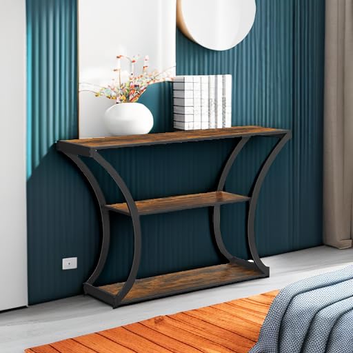 VASAGLE Console Table with Curved Frames and 2 Open Shelves, for Hallway Entryway Living Room, Rustic Brown + Black, 11.8 X 47.2 x 31.5 Inches VASAGLE