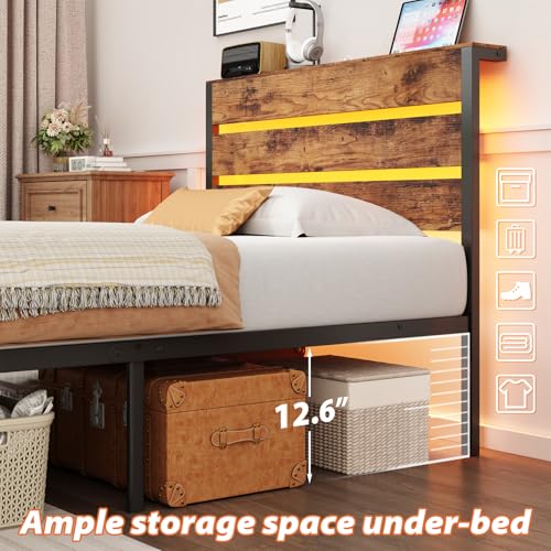 TIGUBFRE Twin Bed Frames with Storage Headboard & Charging Station, Platform Bed Frame Twin Size with LED Lights, Metal Slats, Noise Free, No Box Spring Needed, Rustic Brown TIGUBFRE