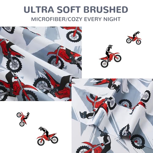 Viviland 3 Pieces Boys Grey Twin Sheet Set - Soft Microfiber Fitted Flat Sheets & Pillowcase - Red Motorcycle Print Bedding Sets - for Kids & Toddlers Viviland