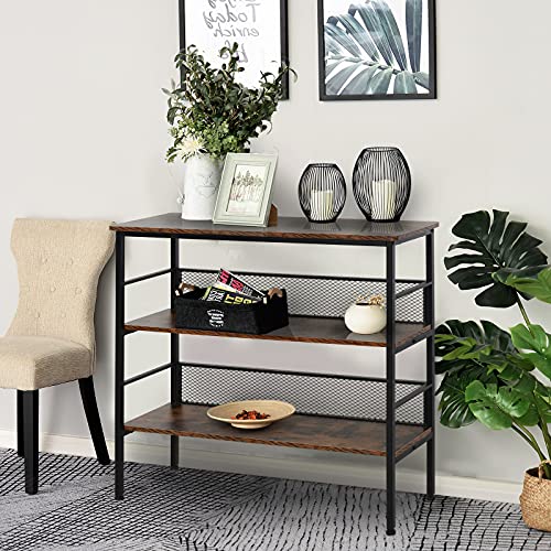HOMCOM 3-Tier Console Table Industrial Style Storage Metal Wooden Shelf with a Robust Multi-Functional Design & Adjustable Feet, Black HOMCOM
