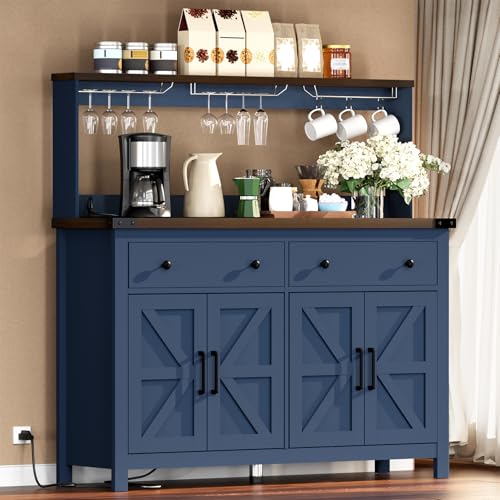 VVFLU Hutch Storage Buffet Cabinet with Drawers, and Charging Station, Coffee Bar Cabinet with Barn Doors, Wine Rack and Hooks, Blue Wood Sideboard Buffet for Kitchen, Dining Room, 54.1" High VVFLU