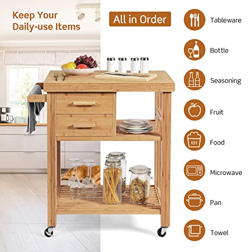 PETSITE Bamboo Kitchen Island Cart, Butcher Block Table on Wheels with Drawers, Shelves, Towel Rack PETSITE