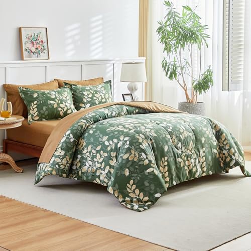 AIKASY 6-Piece Comforter Set Bed in a Bag, Twin Size, Green Leaf Pattern - Bedding Set with Comforter, Pillow Shams, Fitted Sheet, and Pillowcases - Soft and Cozy All-Season Bedding (Green) AIKASY