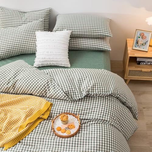 mixinni Green Gingham Comforter Set Queen, Plaid Comforter Set 3 Pieces 1 Green Grid Comfoter with 2 Pillow Cases for All Seasons, Soft Fluffy Modern Grid Pattern Printed Bedding-Queen Size mixinni