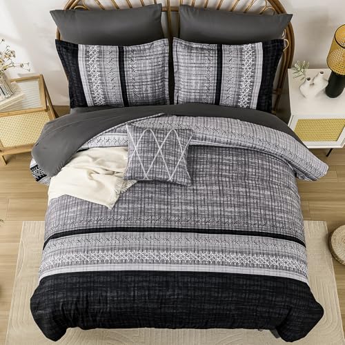 Dintszyayue Black Comforter Set Queen Size, 8 Pieces Boho Striped Bed in a Bag Soft Microfiber Bedding Set for All Season Dintszyayue