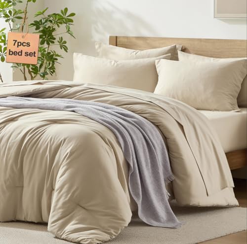 Homelike Moment Queen Comforter Set with Sheets, 7 Piece Beige Comforter Set Queen Size, Full Size Bed in a Bag Lightweight and Machine Washable Homelike Moment