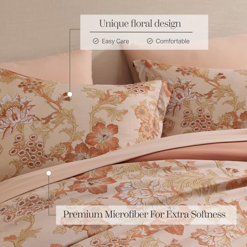 BLOOMHAVEN King Comforter Set -7 Pieces Terrecotta Floral Comforter Set for All Seasons, Bed in a Bag King with Botanical Flowers Comforter, Sheets, Pillowcases & Shams BLOOMHAVEN