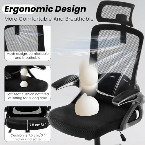 Fizzin Ergonomic Office Chair, 400 LBS Computer Chairs with Adjustable Lumbar Support, Breathable Mesh Desk Chair Ergonomic with Thickened Cushion, Comfy Home Office Desk Chair (Black) Fizzin