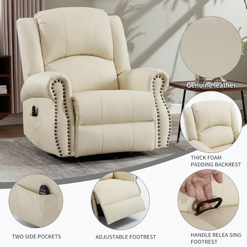 Montary Heavy Duty Manual Lift Recliner Chair with Heat Massage, Adjustable Footrest, Rocker & Swivel, Lay Flat Function in Breathable Leather Reclining Sofa Chair (White) Montary