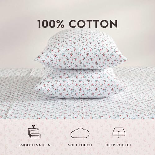 Laura Ashley - Twin XL Sheet Set, Super Soft Cotton Percale Bedding Set with Matching Sham, Oeko-Tex Certified (Aylesmore Ditsy Red, Twin XL) Laura Ashley