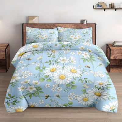 WeCozy Twin Size Comforter Set with Pillowcase, Wildflower Daisy Flower Floral Soft 2 Pcs Bedding for Kids and Adults Bedroom Bed Decor