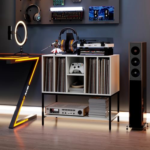Giantex Record Player Stand with Charging Station, Turntable Stand with Storage Shelves Hold Up to 150+ Albums, Record Player Table with Metal Frame, Vinyl Record Storage for Music Living Room, White Giantex