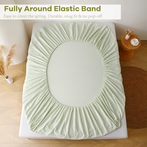 K MASANIJI Pile Green White Plaid Ruffle Gingham Sheets Full Size 4-Piece Set, 300TC 100% Yarn Dyed Cotton Sheets 18 in Deep Pocket Kids Preppy Decorative Bedding (Pile Green/White Plaid, Full) K MASANIJI