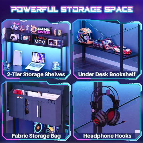 Aheaplus L Shaped Desk Gaming Desk, 59" L Shaped Computer Desk with LED Light & Power Outlet, Reversible Home Office Desk Gamer Desks with Shelves & Storage Bag & Hooks, Corner PC Desk, Black Aheaplus