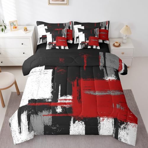 Red Black White 7 Piece Bedding Set Abstract Morden Comforter Set Full Size Buffalo Check Bed Set Includes Comforter, Sheet Set, Pillowcases & Pillow Covers Bedroom Decor Soft Microfiber Geometric Feelyou