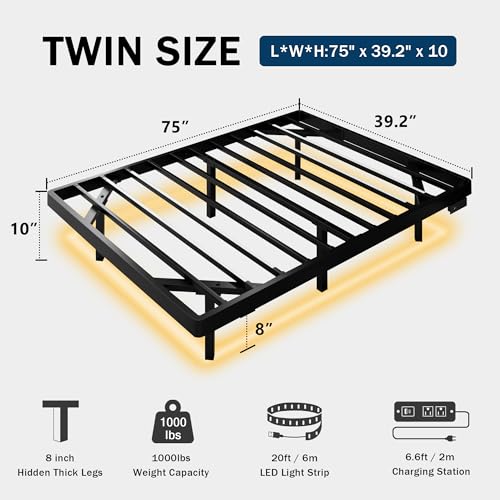 GalnFu Twin Size Floating Bed Frame with LED Lights and Charging Station, Metal Platform Bed with Power Outlet, Heavy Duty Steel Slats Support, Noise Free, No Box Spring Needed, Easy Assembly GalnFu