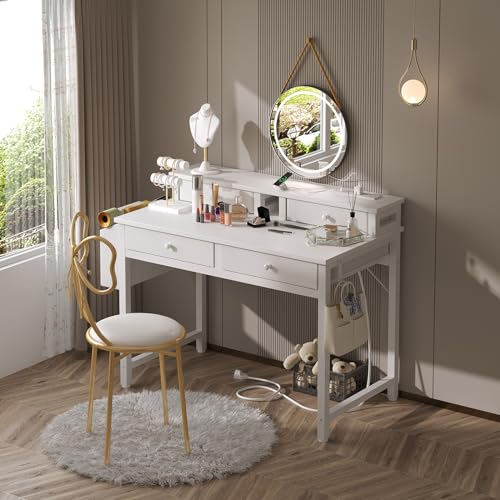 Lufeiya Small White Desk with Fabric Drawers for Bedroom, 32 inch Vanity Makeup Desk with Drawers Storage for Home Office, Writing Study Table with Power Outlet & Monitor Stand, White Lufeiya