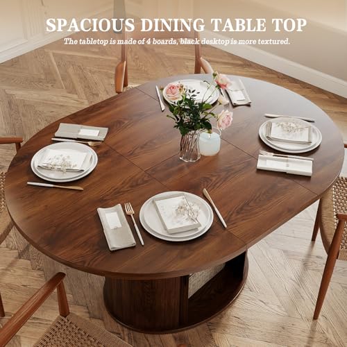 VICBARLEY Oval Extendable Dining Table with Storage,59" Storage Kitchen Table for 4-8 People with Curved Sliding Door Fluted Wood Coffee Table Thickened Tabletop for Dining Room/Kitchen,Brown VICBARLEY
