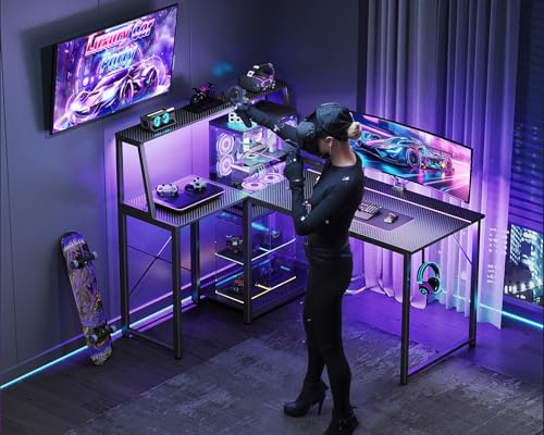 MOTPK 45 Inch L Shaped Gaming Desk with Power Outlet & LED Lights, Computer Table with Corner Desktop Showcase for CPU Stand, Display Storage Shelf, Carbon Fiber Surface, Black MOTPK