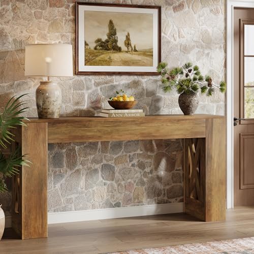 Tribesigns 63-Inch Long Console Table, Farmhouse Entryway Table with 2 Drawers and X-Shaped Legs, Narrow Sofa Furniture Behind The Couch for Entrance, Hallway, Living Room, Warm Brown Tribesigns