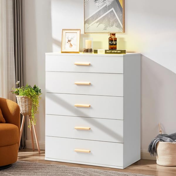 Aenlv White Dresser for Bedroom with 5 Drawers, Chest of Drawers with LED Lights, Wood Bedroom Dresser, Large Capacity Storage Cabinet for Nursery, Kids Room, Entryway Aenlv