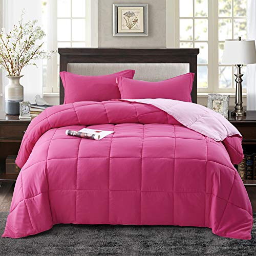 HIG 3pc Pink Queen Size Comforter Set - All Season Reversible Down Alternative Bedding Comforter Set - Quilted Duvet Insert with Corner Tabs - Box Stitched Blanket - Breathable, Soft, Fluffy HIG