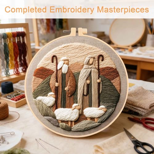 REEWISLY 4set Christmas Embroidery Kit for Adults Beginners, 4 Nativity Scenes with 2 Hoops, Counted Cross Stitch Kits with Floss & Needles, Beginner Embroidery Starter Kit for Handmade Holiday Decor