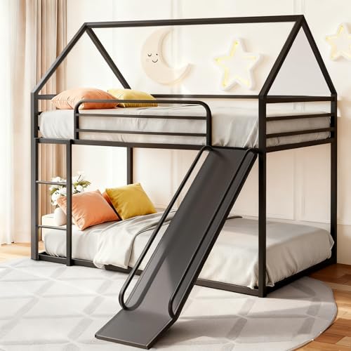 AEMSOFK Bunk Bed with Slide for Kids,Bunk Bed Twin Over Twin, Metal Junior House Low Bunk Bed, Toddler Floor Bunk Beds Frame with Guardrail for Kids, Convertible Slide and Ladder Noise Free(New Black) AEMSOFK