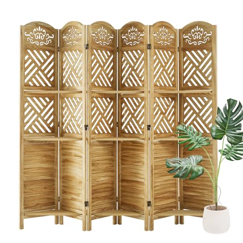 Room Divider with Shelves, 5.75ft Tall Folding Wood Carved Screen with Double Hinges for Home Office Bedroom Hotel Decoration (6 Panels, Natural) Svimi