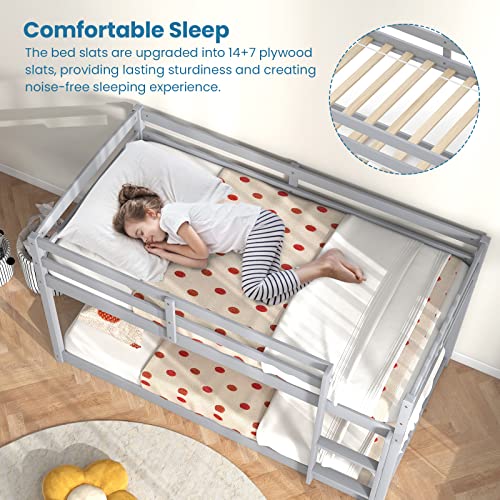KOMFOTT Low Bunk Bed Twin Over Twin, Solid Wood Bunk Bed Frame with Built-in Ladder & Safety Guardrails, Space-Saving Low Bunk Bed for Kids, Teens, No Box Spring Needed KOMFOTT
