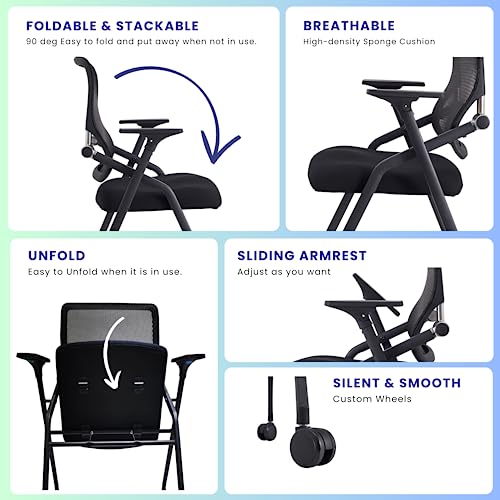 BROBRIYO PRO, Stackable & Foldable Conference Room Chairs with 2X Thick Cushion, Lumbar Support, Armrest - Mesh Bouncing Back for Office Meeting, Conference, Training Room Chair 1 Pack