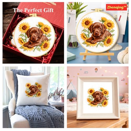 Zhenqing Labrador Embroidery Kit for Beginners, Pre-Printed 29x29cm Circular Cotton Fabric with 20cm Hoop, Cute Dog with Sunflowers Design for Home Decor (C0215)