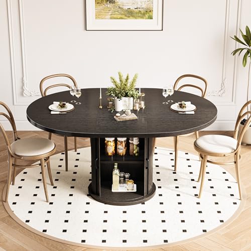 CABZOON 47-63in Extendable Round Dining Table for 4-8 Modern Round Kitchen Table Circle Dining Table with 2-Tier Storage Shelf, Space Saving Expandable Wood Oval for Living Room Walnut Black CABZOON