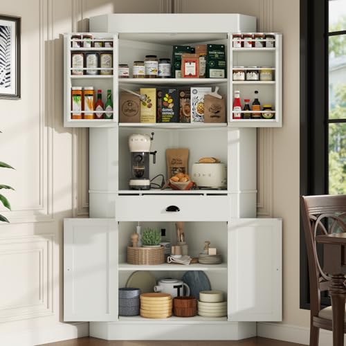 Corner Cabinet with Charging Station,73"Tall Kitchen Pantry Storage Cabinet with Drawer,Freestanding Kitchen Pantry Cabinets with Doors and Shelves,Farmhouse Food Hutch for Dining Room,Kitchens(White) Gyfimoie