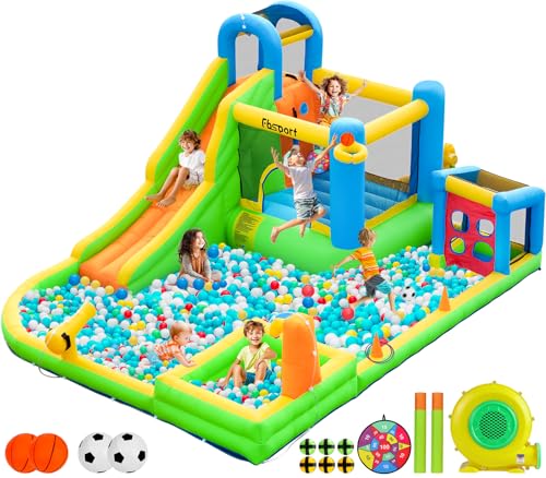 FBSPORT Inflatable Bounce House, 9 in 1 Water Slide with Blower, Bouncy House for Kids Indoor Outdoor Wet Dry Combo Water Bounce House with Football Shooting, Water Gun, Splash Pool, Bounce Area, Hose FBSPORT