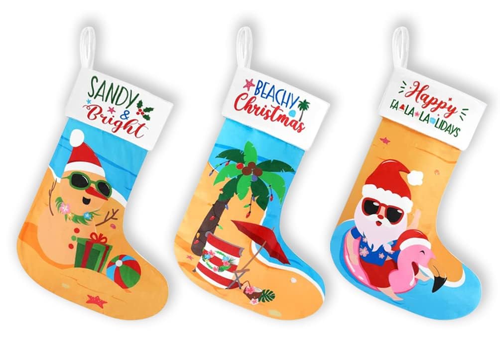 Vansolinne Beach Christmas Stockings 3 Pack 11'' x 17'' Coastal Christmas Decorations Funny Tree Hanging Ornament Bag Fireplace Hanging Soft Large Plush Socks with Santa Flamingo Palms Xmas Gifts Vansolinne