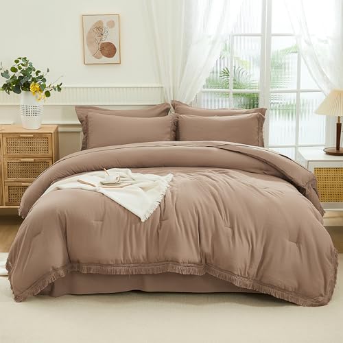 Andency Taupe Queen Size Comforter Set with Sheets - 7 Pieces Boho Tassel Bed in a Bag Soft Lightweight Bedding Sets, Taupe Fringe Bed Set with Comforter, Sheets, Pillowcases & Shams Andency