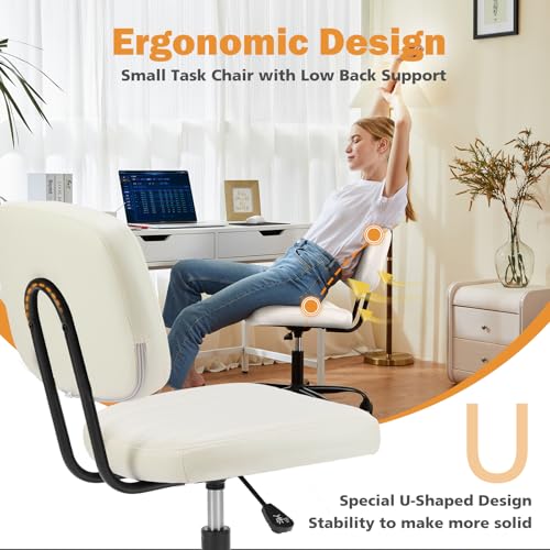 Sweetcrispy Small Office Desk Chair - Armless PU Leather with Comfy Lumbar Support, Height Adjustable Rolling Swivel Task for No Arms, for Adult, Student, Bedroom, Home, Vanity, Beige White Sweetcrispy