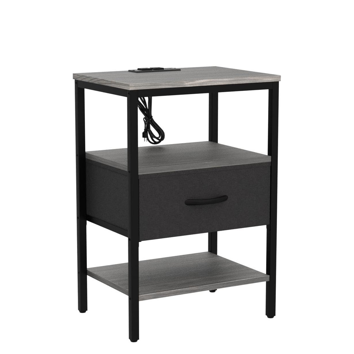 SUPERJARE Nightstand Set of 2, Bed Side Tables with Charging Station, Adjustable Fabric Drawer, Night Stand for Bedroom, 3-Tier Storage End Tables, for Living Room - Charcoal Gray SUPERJARE