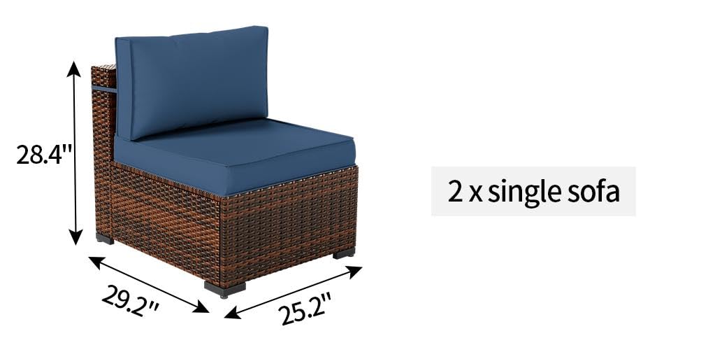 UDPATIO Patio Furniture Sets, Modular Rattan Outdoor Patio Sectional Furniture Sofa Set, Wicker Patio Conversation Set for Backyard, Deck, Poolside, 2PC Brown/Blue UDPATIO