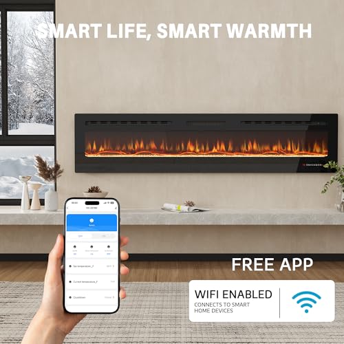 HOMTHING 70" Smart WiFi Electric Fireplace, Wall Mounted & Recessed, App & Remote Control, Ultra-Thin 750W/1500W Fireplace with Touch Screen, 12H Timer, 5 Realistic Flames, Log & Crystal (70" WiFi) HOMTHING