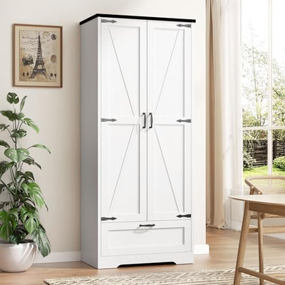 Vongrasig Kitchen Pantry Storage Cabinet with Barn Doors, Drawer and Adjustable Shelves, 4-Tier Tall Rustic Wood Cupboard Locker for Kitchen, Dining Room, Living Room, Bathroom, (White)