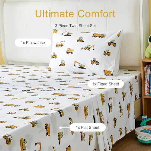 3-Piece Twin Size Bed Sheet Set by Coukouchyi, Soft & Breathable Kids Fitted & Flat Sheet for Boys with Deep Pocket, Construction Cars Cokouchyi