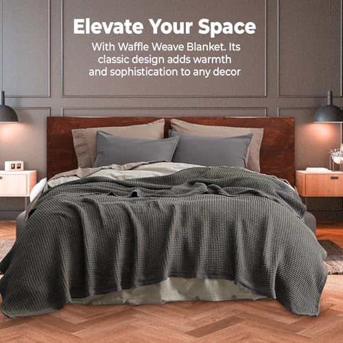 100% Cotton Blankets for Bed - Waffle Weave Blankets for Summer, Lightweight and Breathable Soft Woven Blanket for Spring (Dark Grey, Queen (90" x 90")) QUBA LINEN