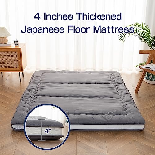 Syalife Japanese Futon Mattress Floor Mattress Queen Size, 4" Thicken Foldable & Portable Floor Bed Sleeping Pad, Traditional Shikibuton 32D Foam Filled, Design in Japan (Grey, 54 * 80) Syalife