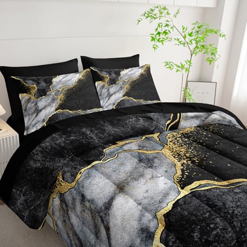 Nttopship 7 Pieces Black Gold Gray Marble Comforter Set Queen Size,Marble Minimalist Wind Design Bedding Quilt Set 7PCS Bed in A Bag,Bed Sheet Set All Season Lightweight Soft Microfiber Nttopship